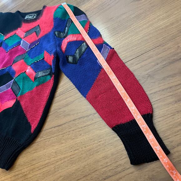 Vintage 80s Sweater Small Leather Angora Geometric Color Block Funky Retro - Picture 7 of 10